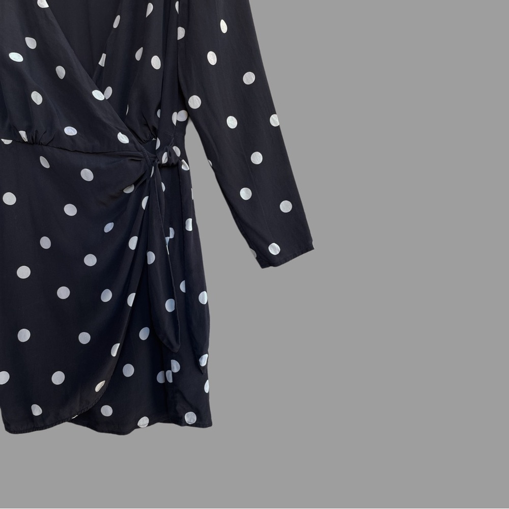 SEZANE Black & White Silk Polka Dot Long Sleeve V Neck Mini Wrap Dress - Picture 5 of 16